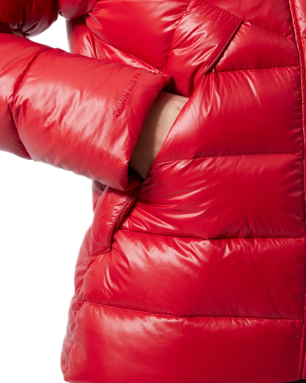 Red Coloured Helly Hansen Womens Winter Bliss Down Jacket on white background 