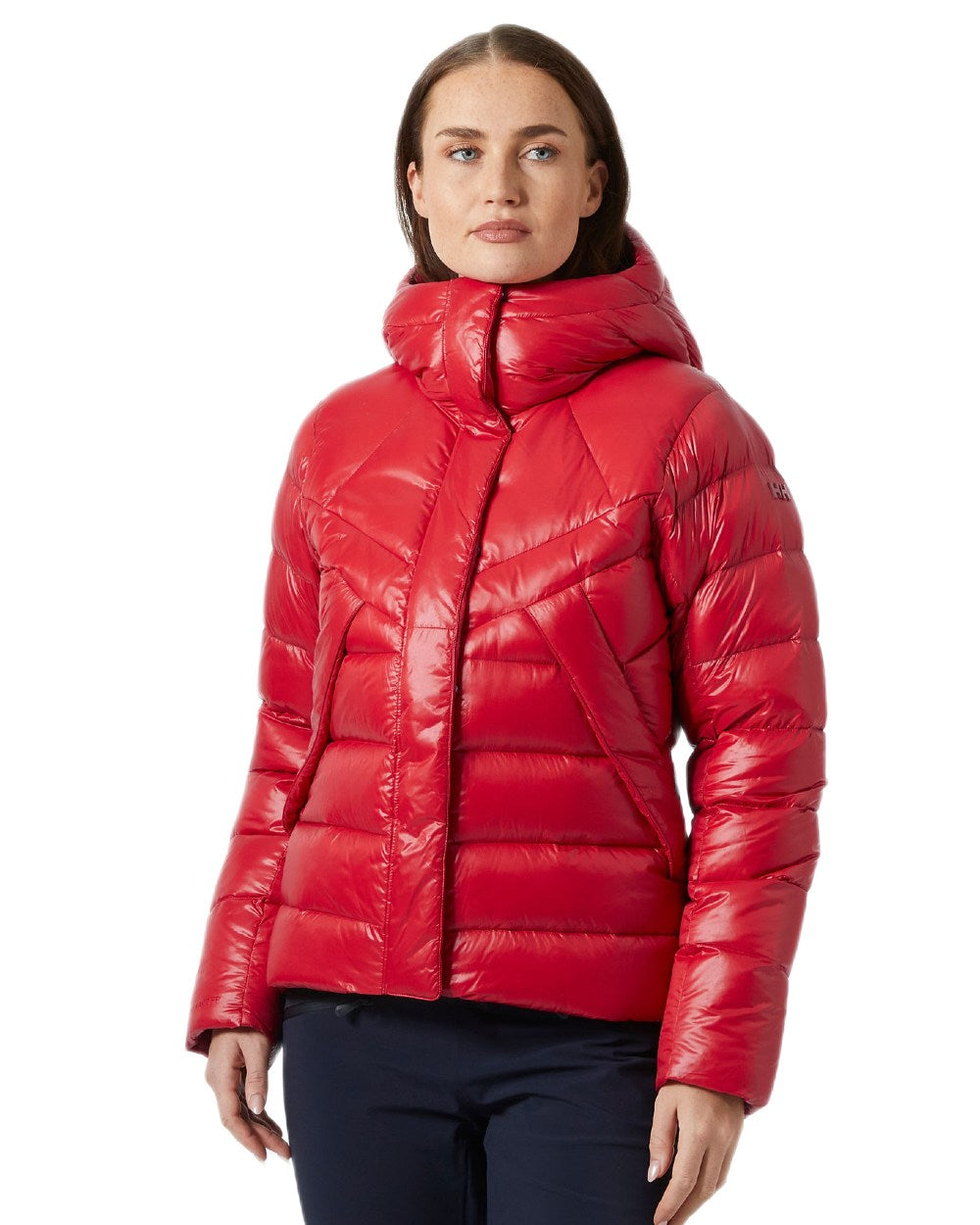 Red Coloured Helly Hansen Womens Winter Bliss Down Jacket on white background 
