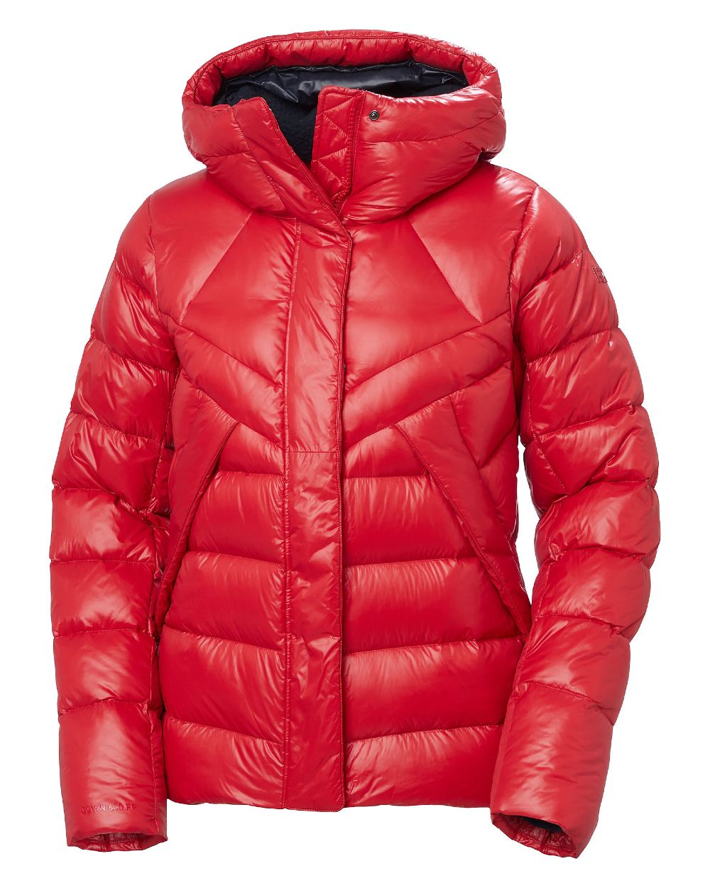 Red Coloured Helly Hansen Womens Winter Bliss Down Jacket on white background 