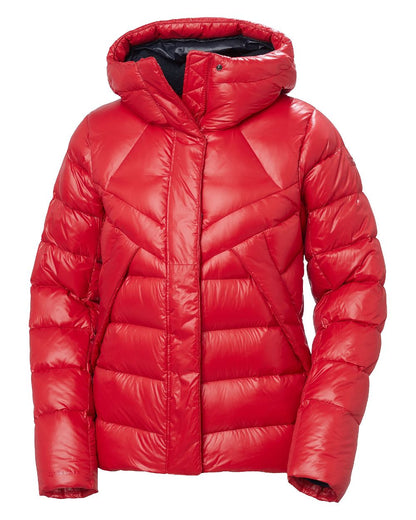 Red Coloured Helly Hansen Womens Winter Bliss Down Jacket on white background 