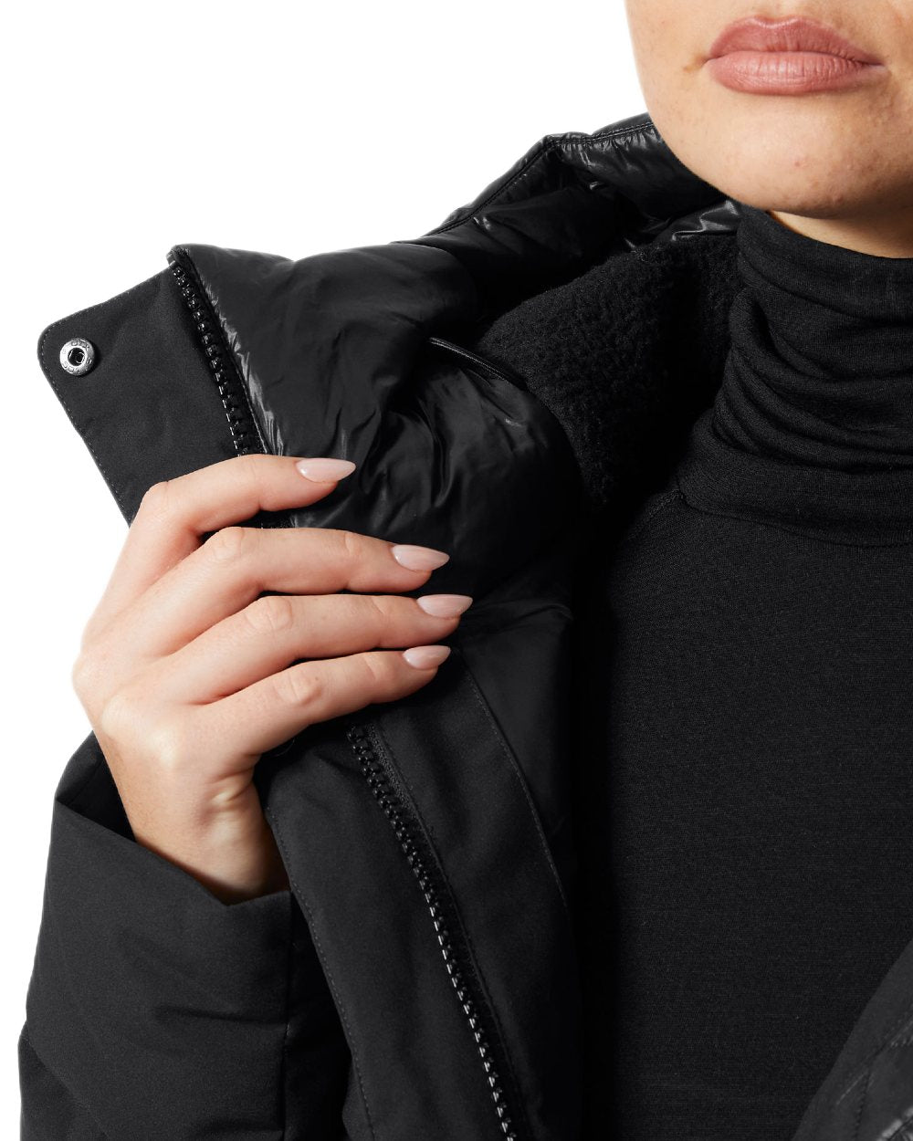 Black Coloured Helly Hansen Womens Winter Bliss Down Parka on white background 