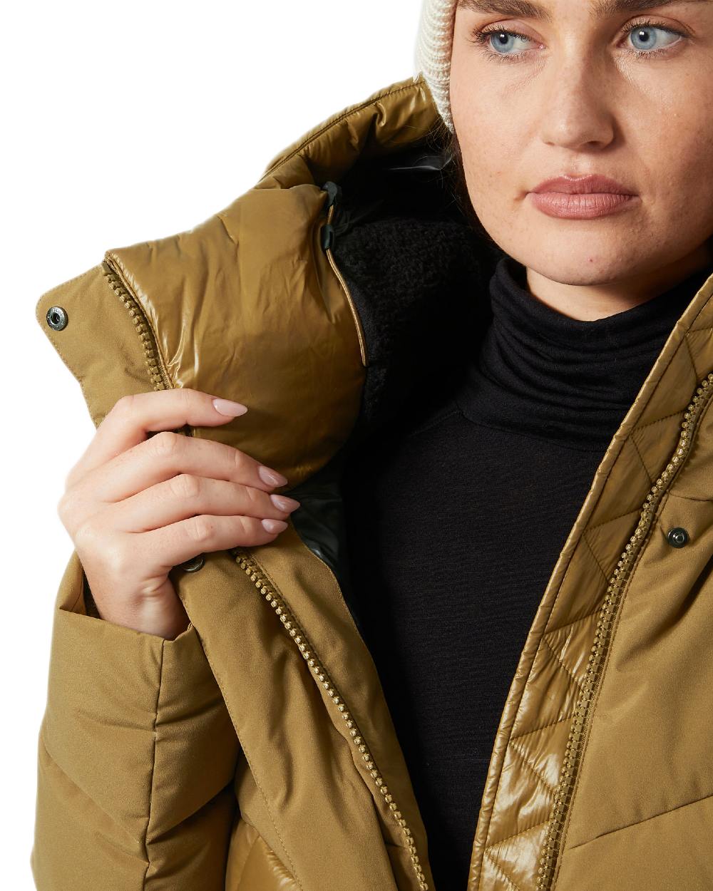 Sepia Coloured Helly Hansen Womens Winter Bliss Down Parka on white background 