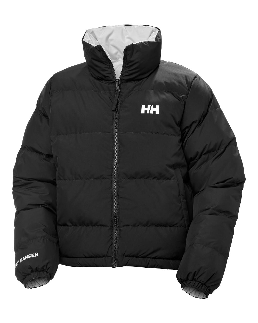 Black Coloured Helly Hansen Womens YU 23 Reversible Puffer Jacket on white background 