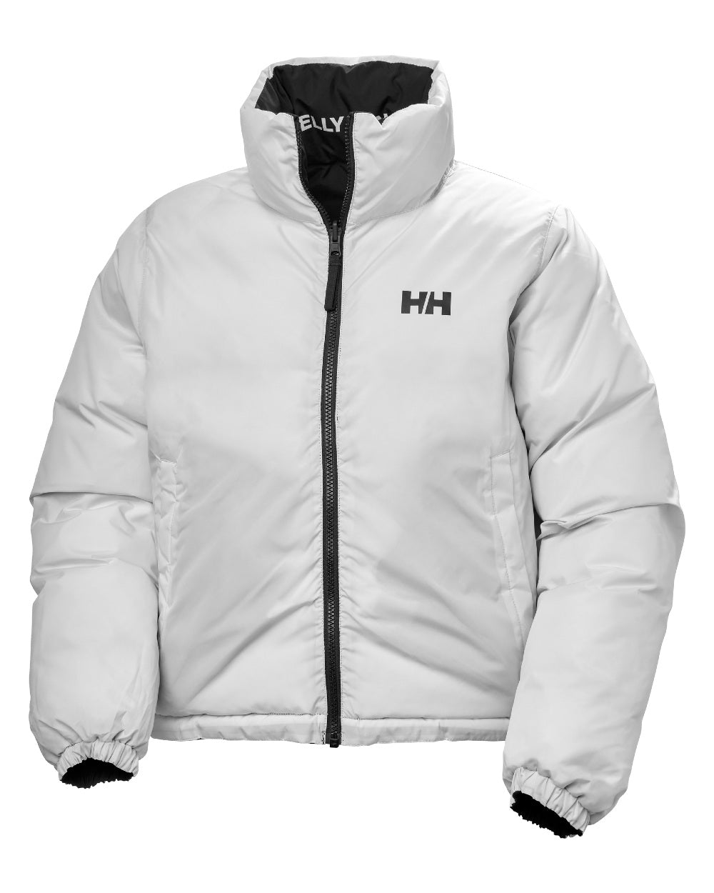 Black Coloured Helly Hansen Womens YU 23 Reversible Puffer Jacket on white background 