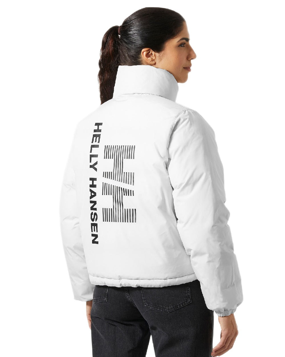 Black Coloured Helly Hansen Womens YU 23 Reversible Puffer Jacket on white background 