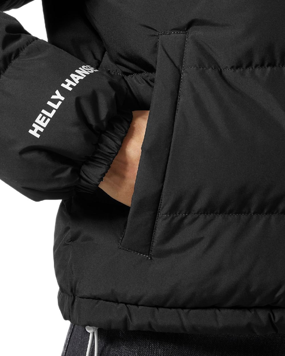 Black Coloured Helly Hansen Womens YU 23 Reversible Puffer Jacket on white background 
