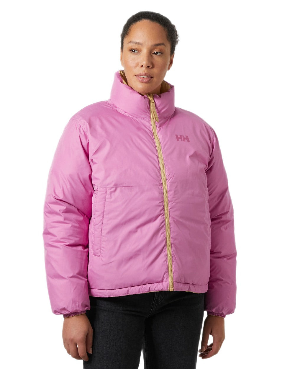 Sandstorm Coloured Helly Hansen Womens YU 23 Reversible Puffer Jacket on white background 