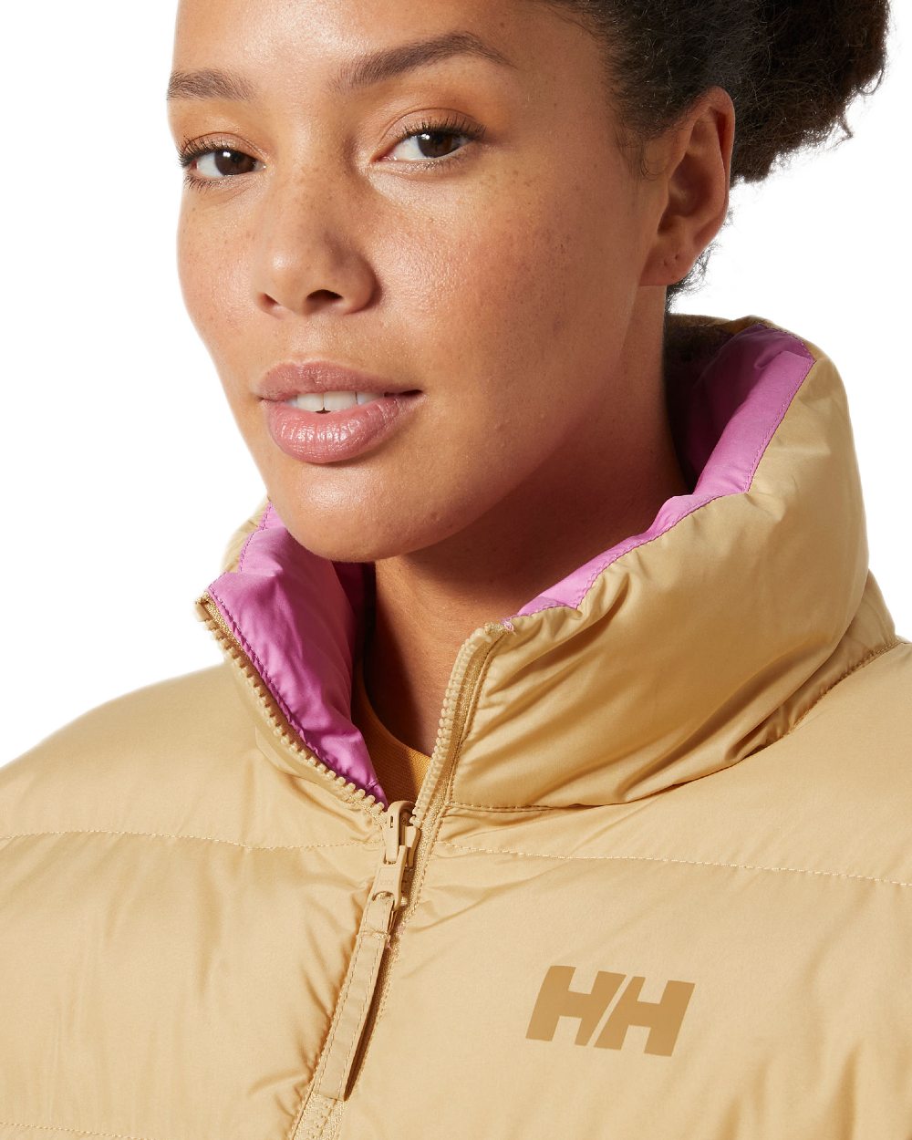Sandstorm Coloured Helly Hansen Womens YU 23 Reversible Puffer Jacket on white background 