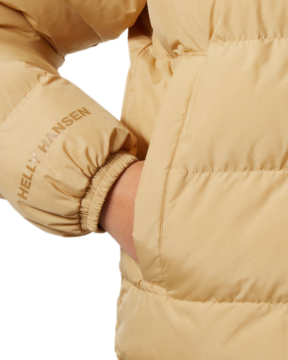 Sandstorm Coloured Helly Hansen Womens YU 23 Reversible Puffer Jacket on white background 