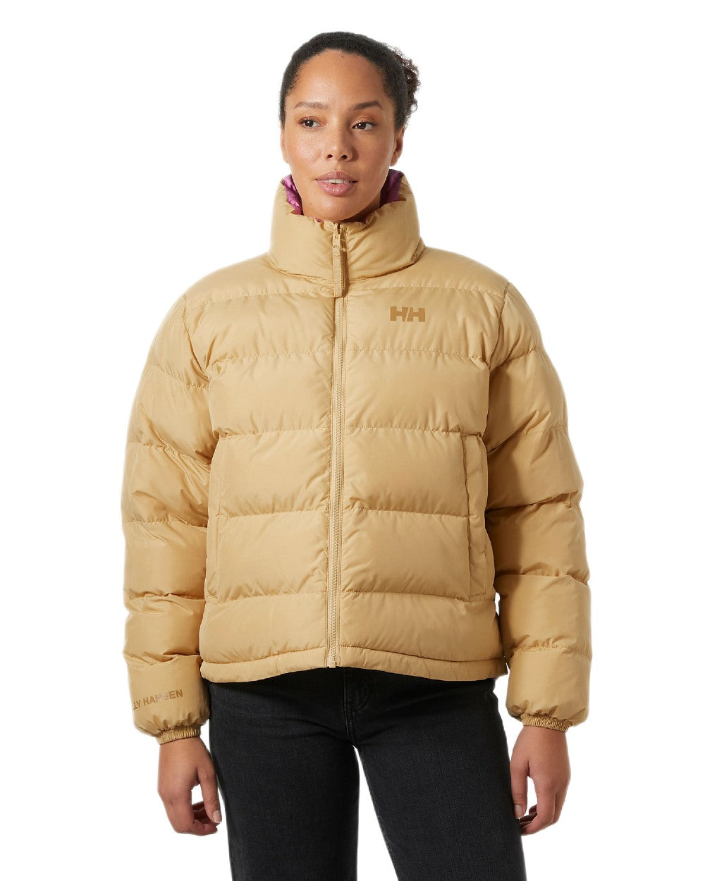 Sandstorm Coloured Helly Hansen Womens YU 23 Reversible Puffer Jacket on white background 