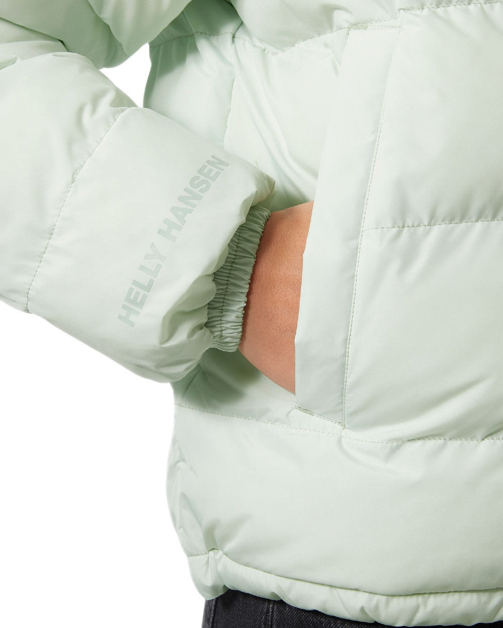 Seafoam Coloured Helly Hansen Womens YU 23 Reversible Puffer Jacket on white background 