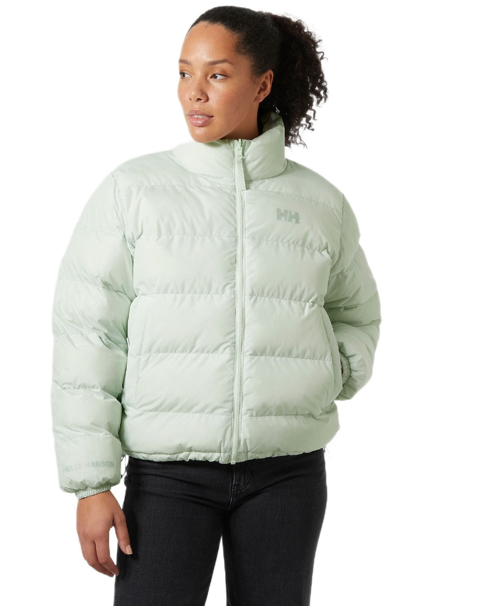 Seafoam Coloured Helly Hansen Womens YU 23 Reversible Puffer Jacket on white background 