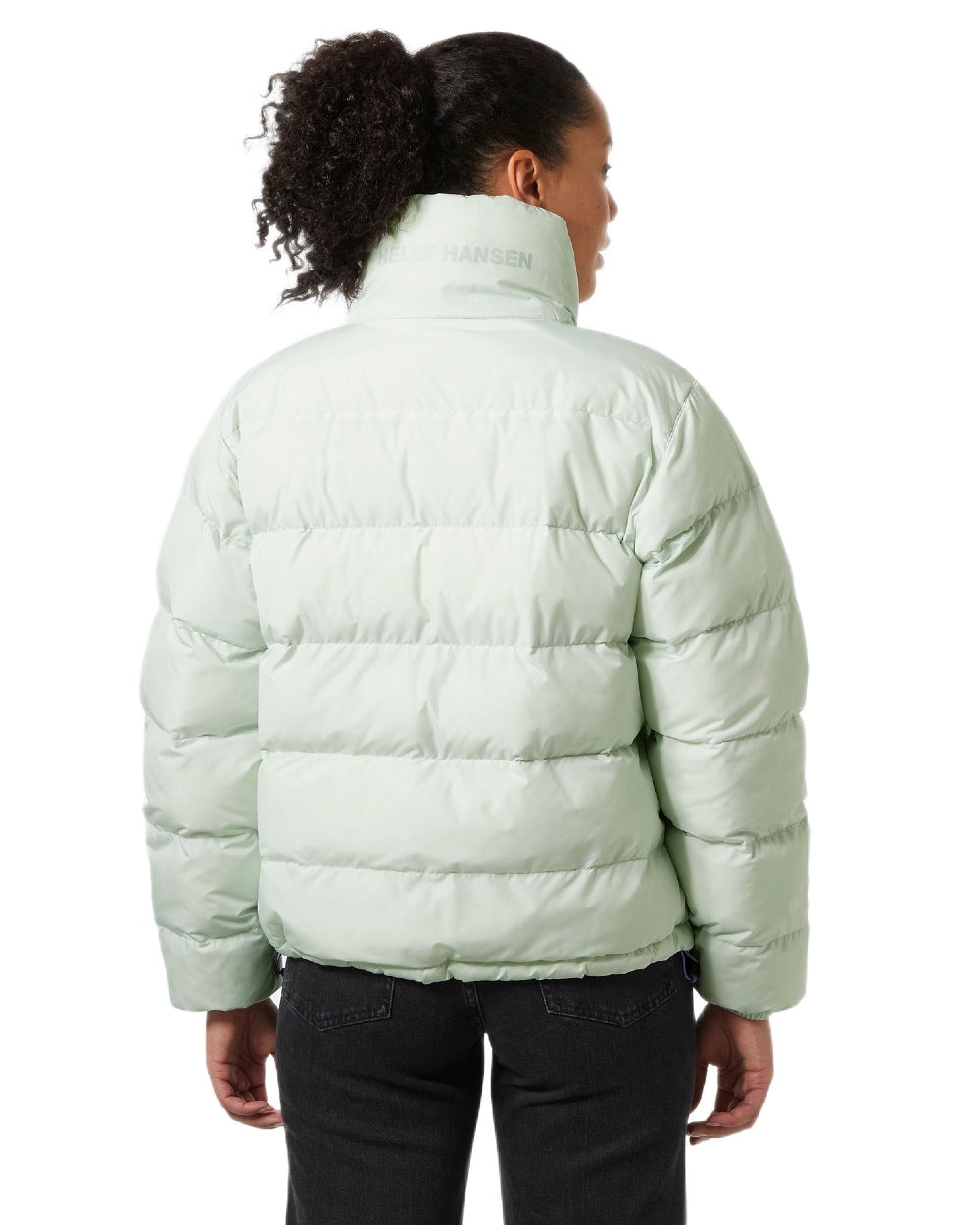 Seafoam Coloured Helly Hansen Womens YU 23 Reversible Puffer Jacket on white background 