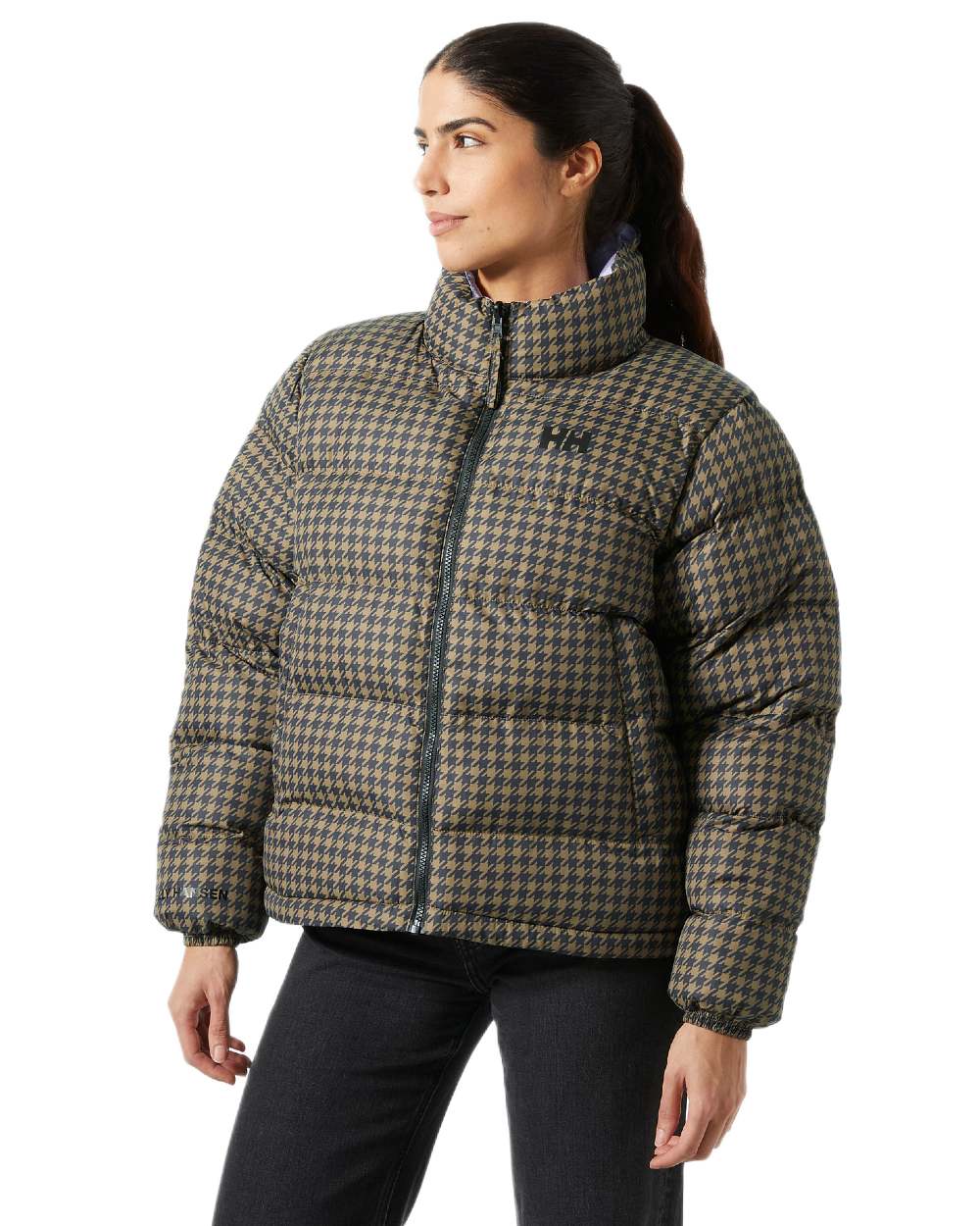 Sepia Coloured Helly Hansen Womens YU 23 Reversible Puffer Jacket on white background 