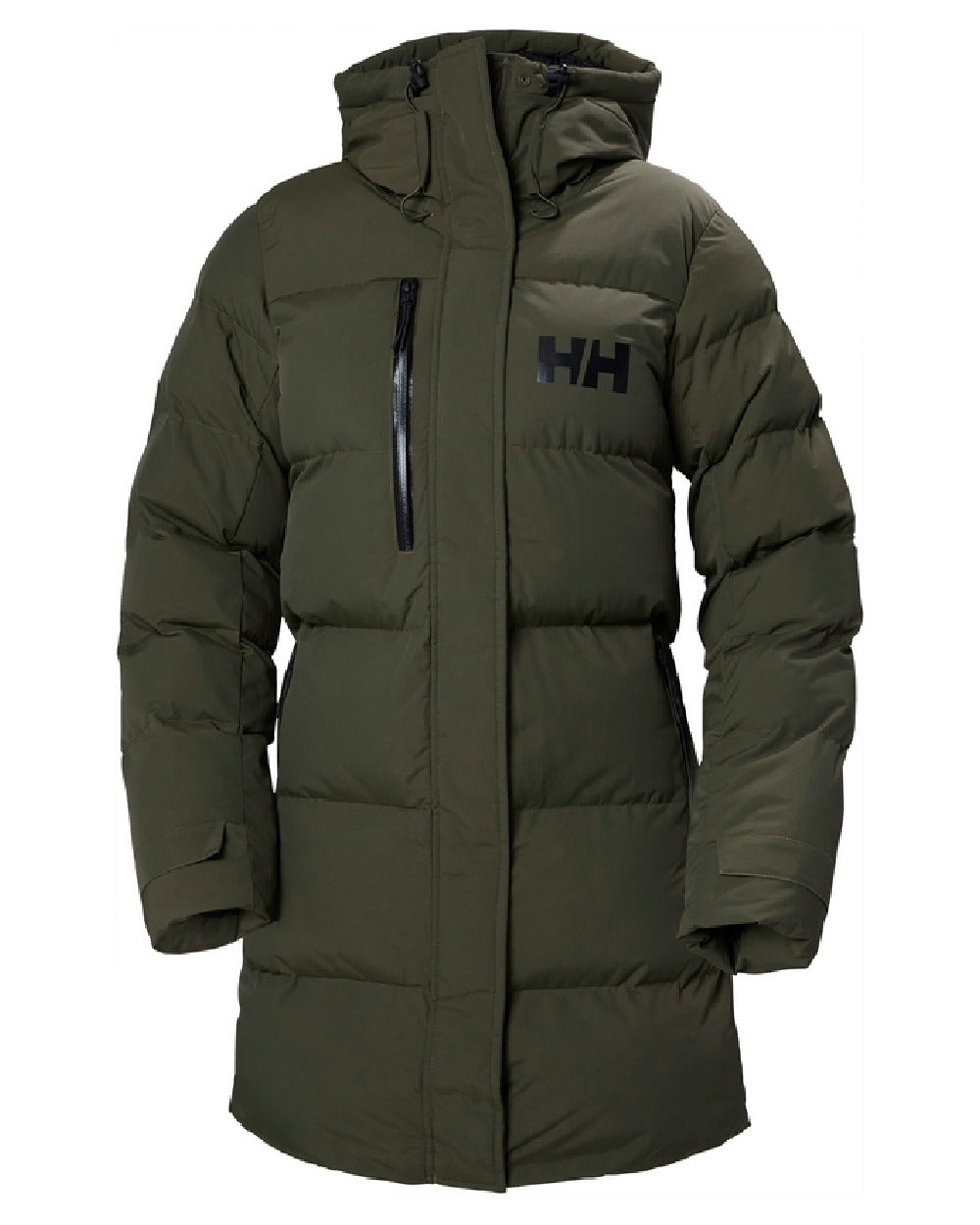 Utility Green Helly Hansen Adore Ladies Puffy Parka on white background 