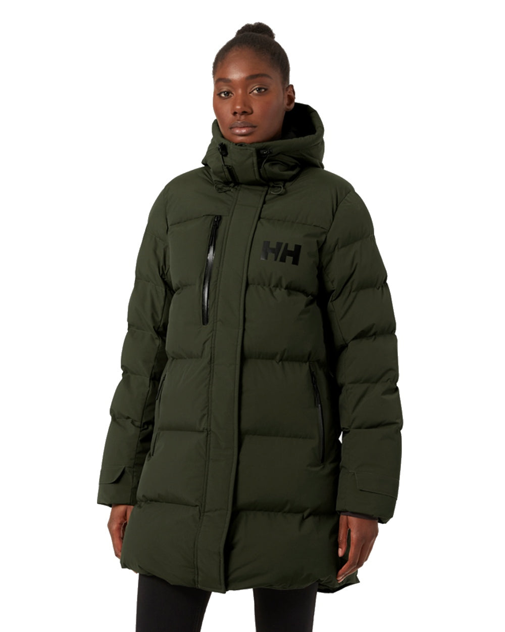 Utility Green Helly Hansen Adore Ladies Puffy Parka on white background 