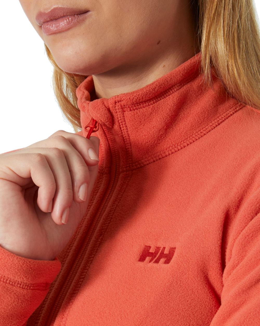 Poppy Red coloured Helly Hansen Daybreaker Ladies Fleece Jacket on white background 