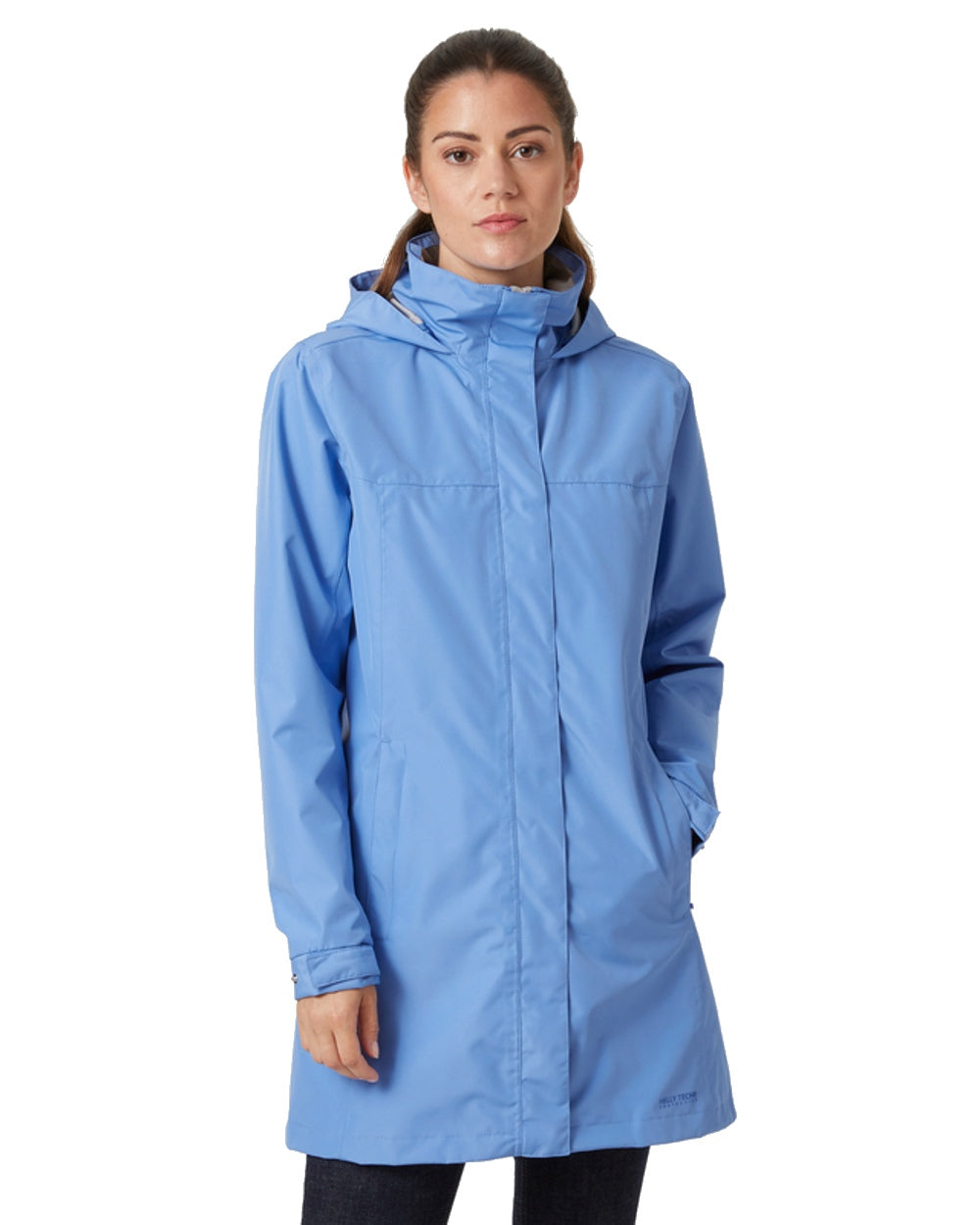 Skagen Blue coloured Helly Hansen Womens Aden Long Rain Coat on white background 