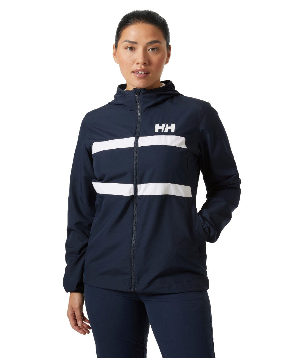 Navy coloured Helly Hansen Womens Salt Stripe Windbreaker Jacket on white background 