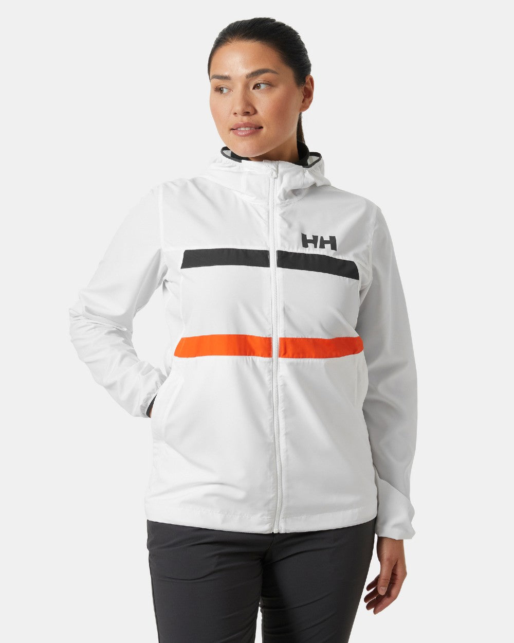 White coloured Helly Hansen Womens Salt Stripe Windbreaker Jacket on grey background 