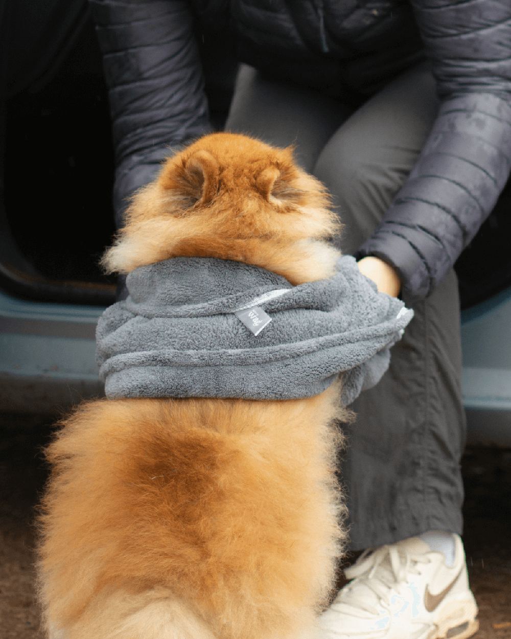 Grey Blue coloured Henry Wag Glove Drying Towel on car background 