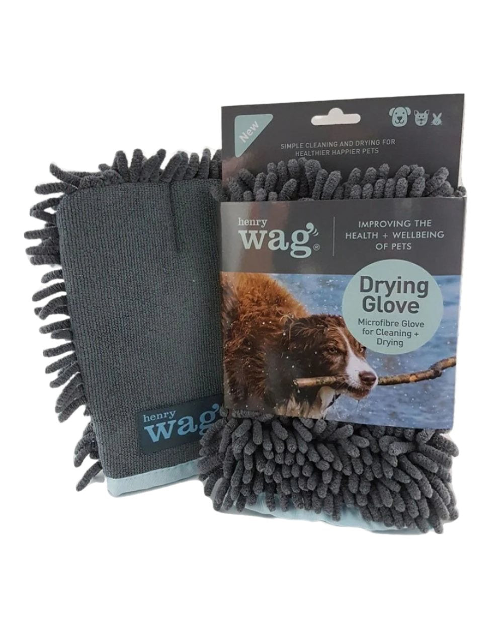 Grey Blue coloured Henry Wag Microfibre Drying Glove on white background 