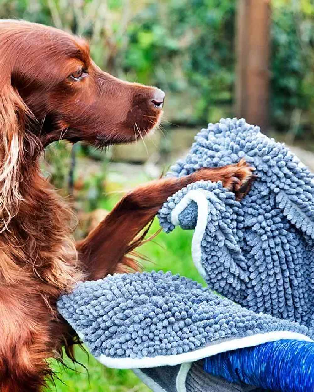 Blue Grey coloured Henry Wag Microfibre Glove Towel on garden background 