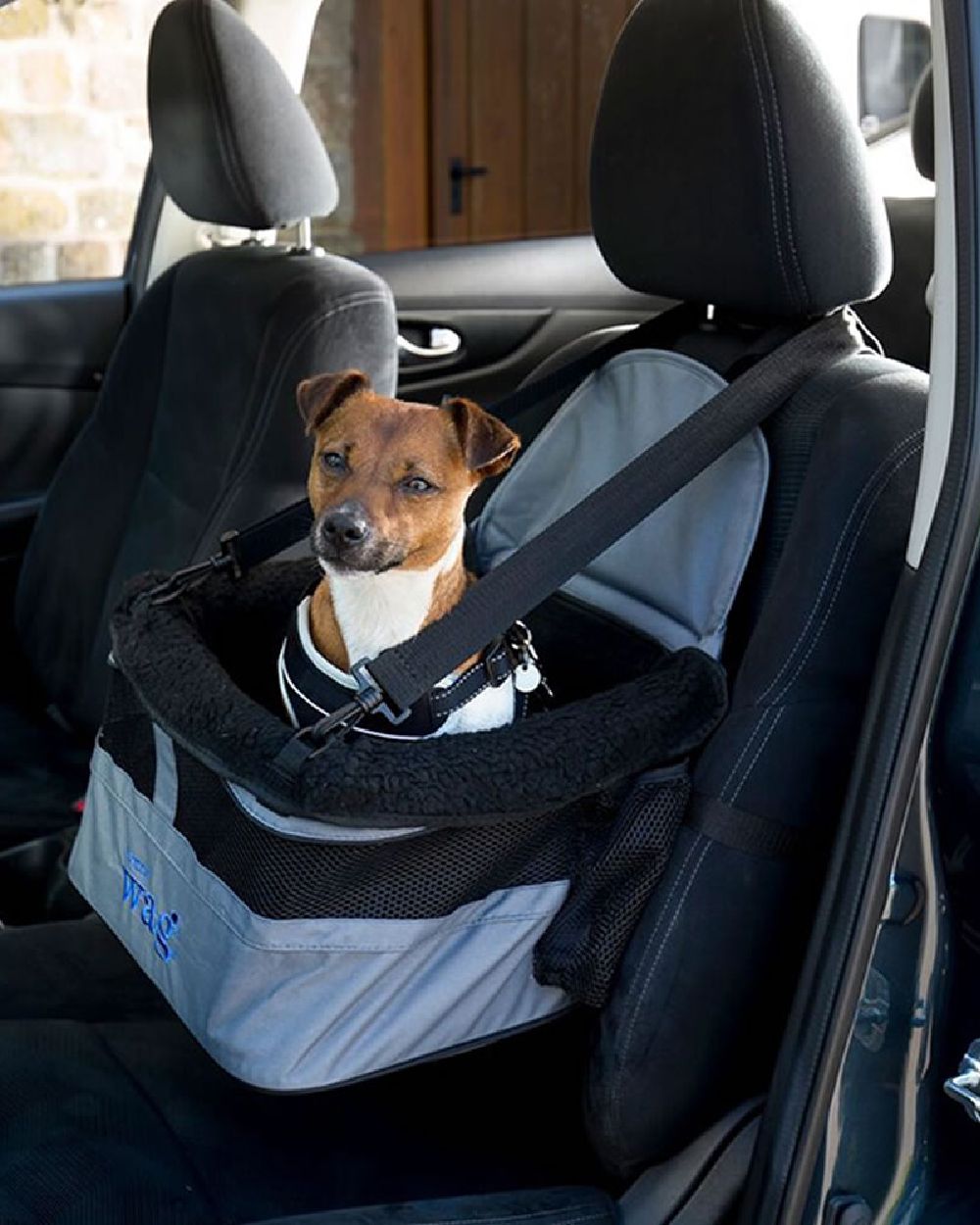 Grey Black coloured Henry Wag Pet Car Booster Seat on car background 