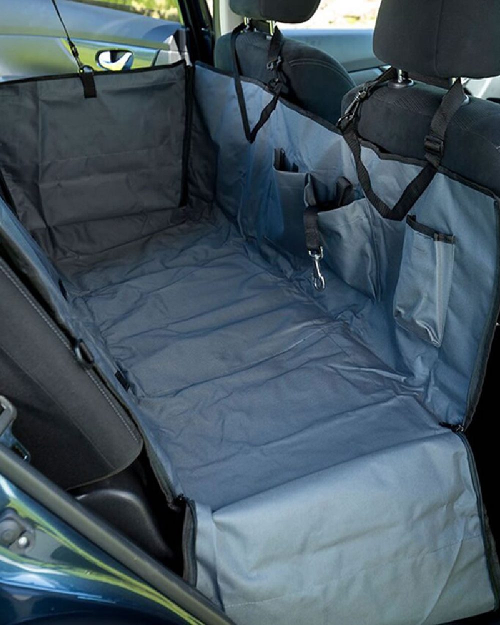 Grey Black coloured Henry Wag Pet Car Hammock on car background 