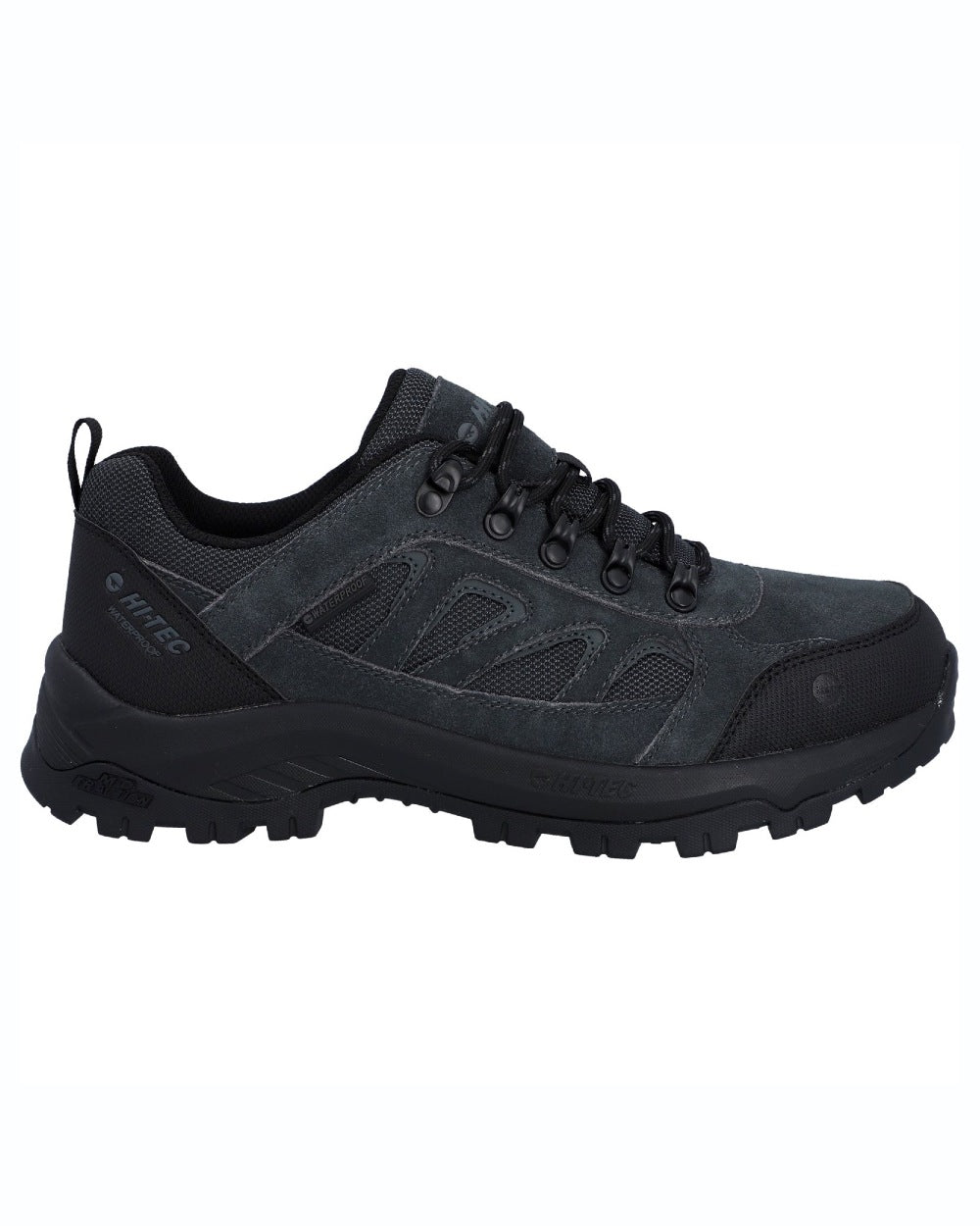 Charcoal Black coloured Hi-Tec Mens Bandera Expedition Low Hikers Shoes on white background 