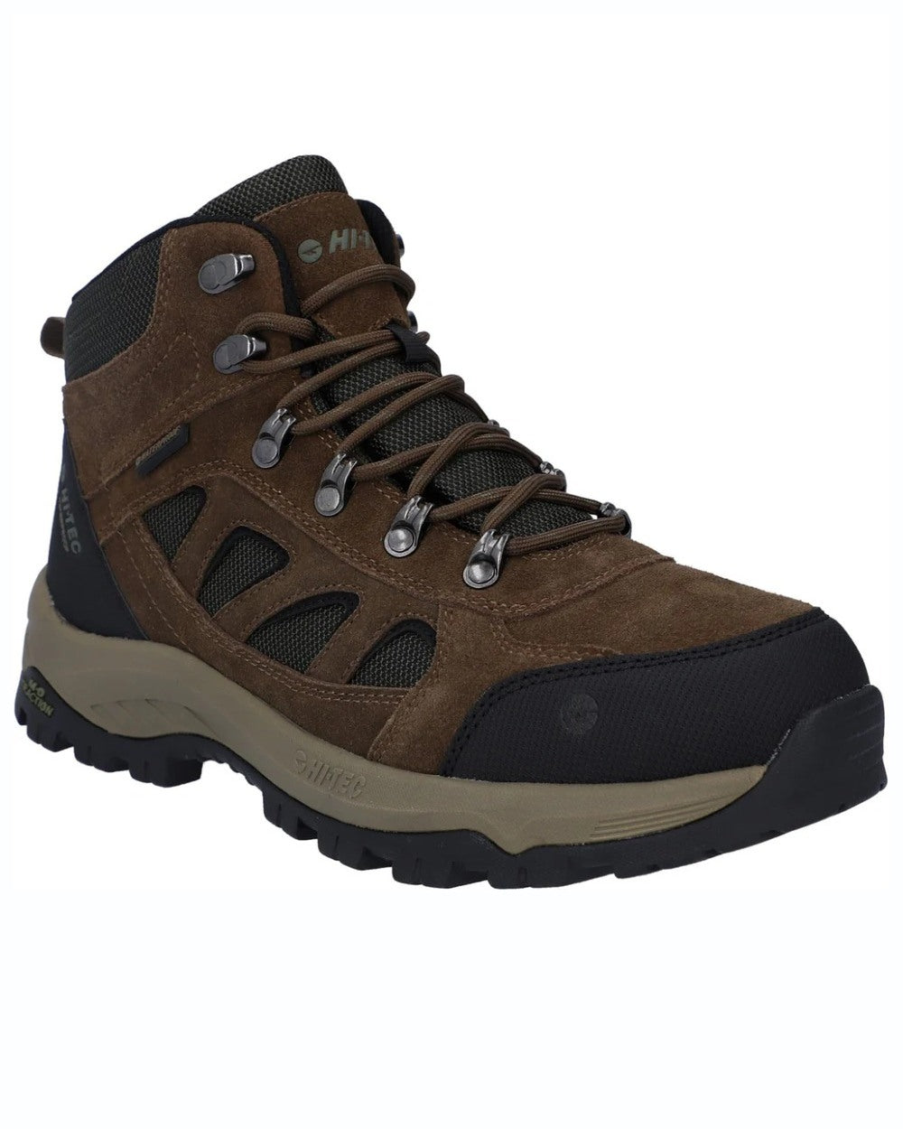Smokey Brown Khaki coloured Hi-Tec Mens Bandera Expedition Mid Hikers on white background 