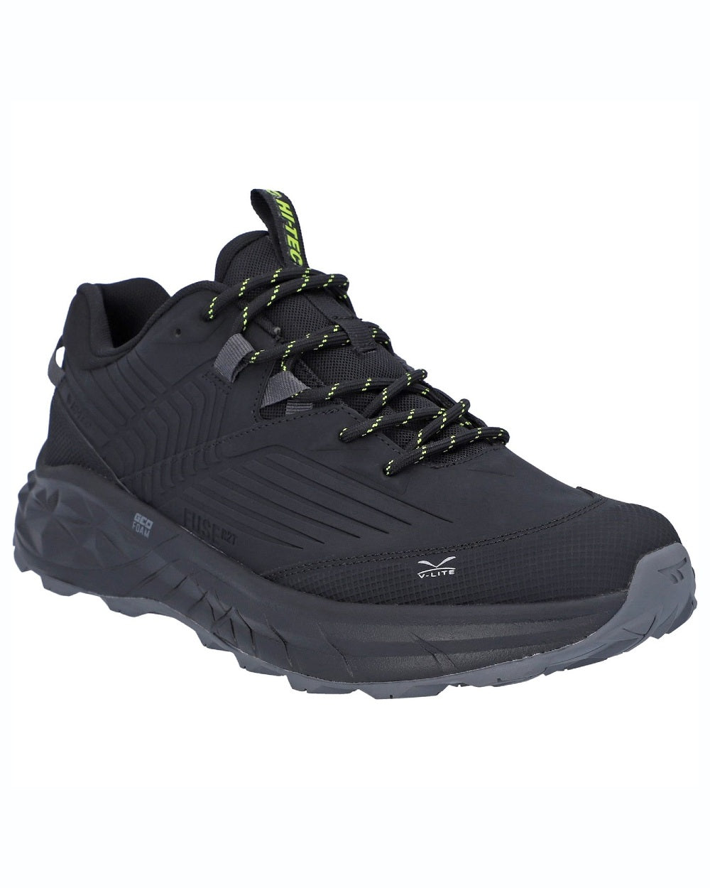 Black coloured Hi-Tec Mens Fuse Trek Hiking Shoes on white background 