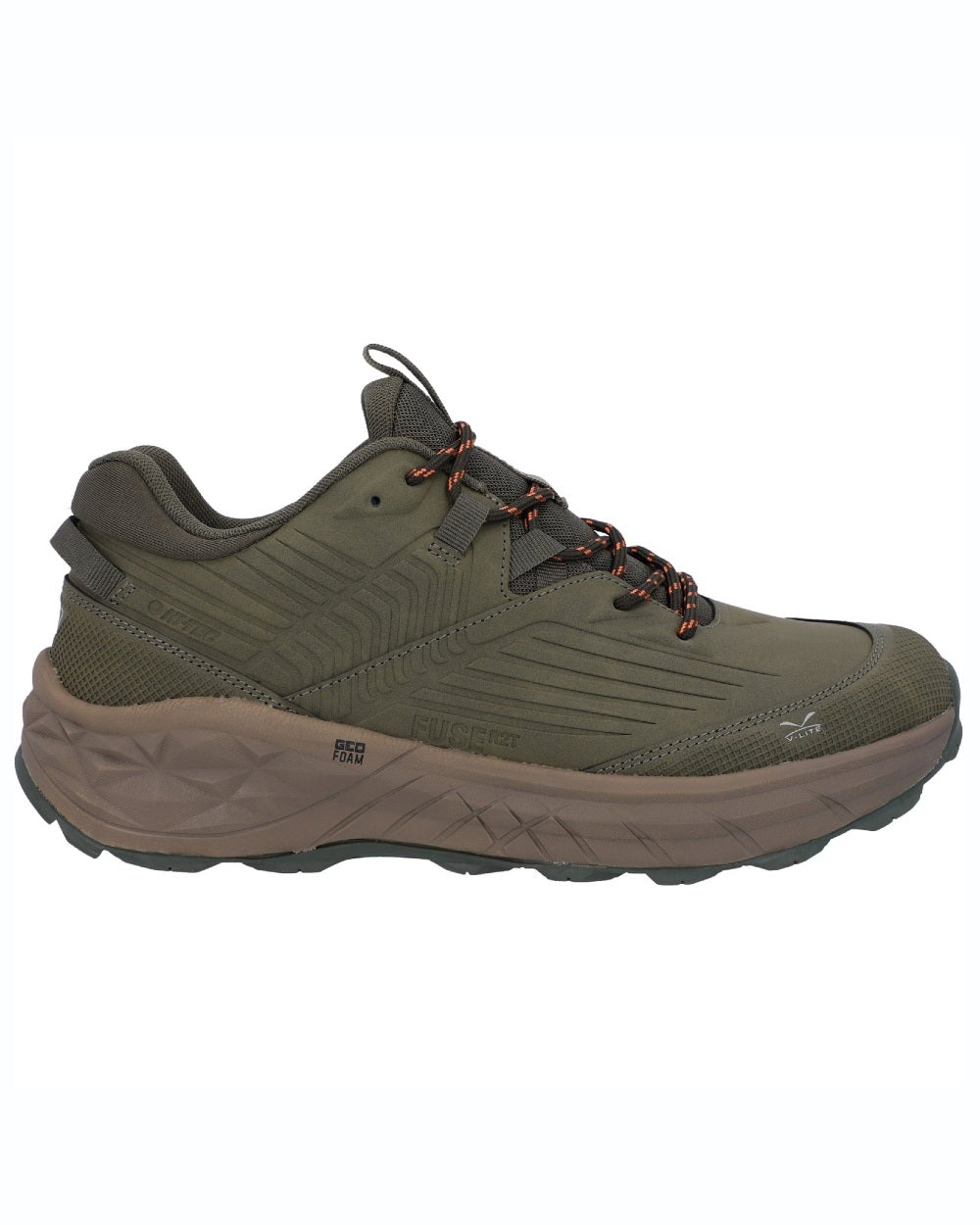 Light Olive coloured Hi-Tec Mens Fuse Trek Hiking Shoes on white background 