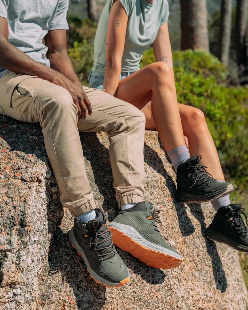 Chocolate Brown Timber Wolf coloured Hi-Tec Mens Fuse Trek Mid Hiking Boots on forest background 