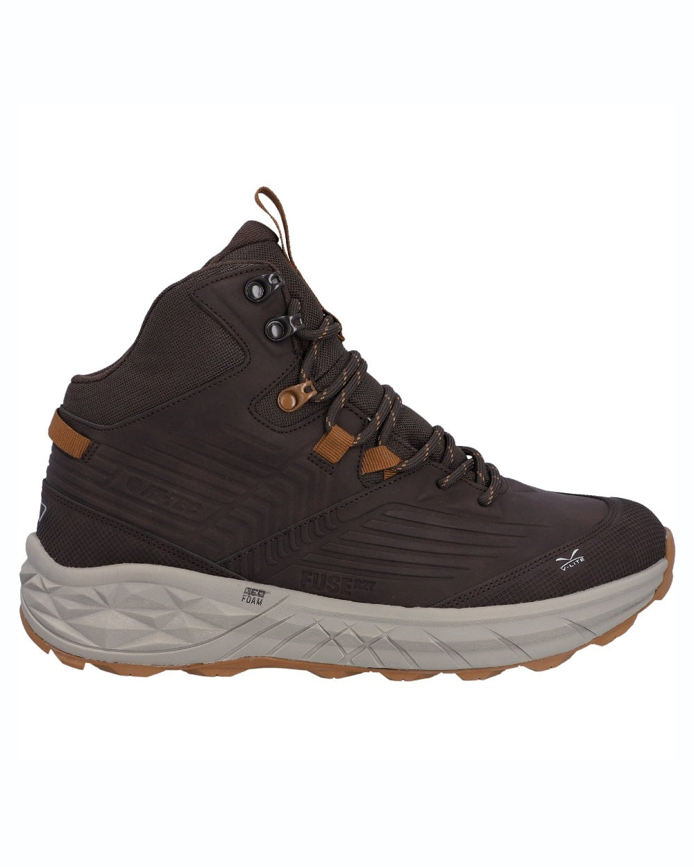 Steel Charcoal Bright Marigold coloured Hi-Tec Mens Fuse Trek Mid Hiking Boots on white background 