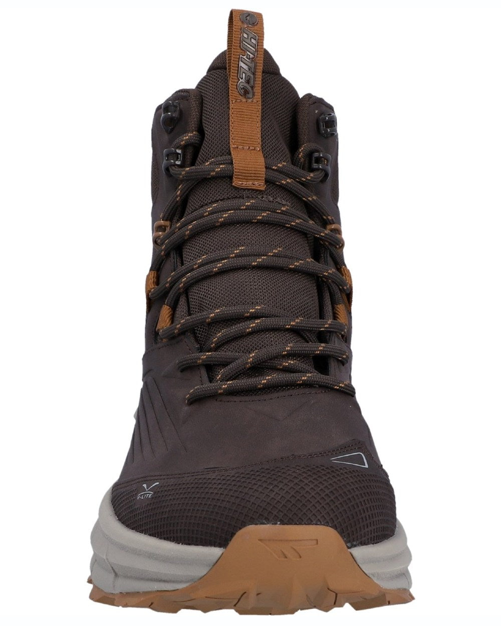 Steel Charcoal Bright Marigold coloured Hi-Tec Mens Fuse Trek Mid Hiking Boots on white background 