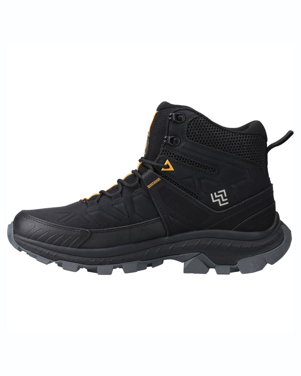 Black coloured Hi-Tec Mens Rainier Hiking Boots on white background 