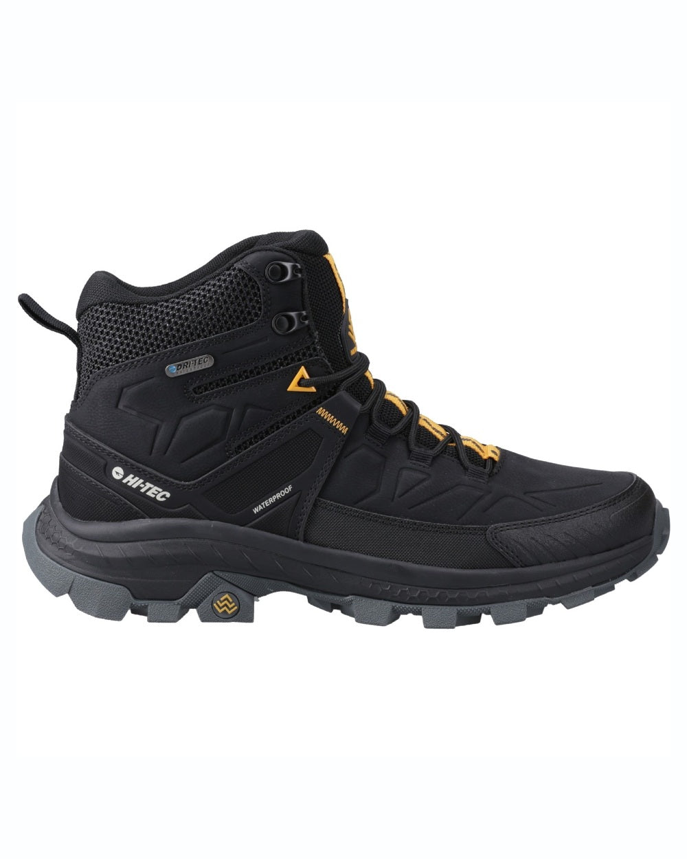 Black coloured Hi-Tec Mens Rainier Hiking Boots on white background 