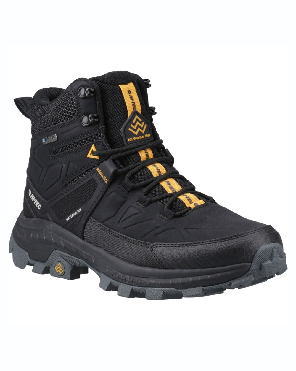 Black coloured Hi-Tec Mens Rainier Hiking Boots on white background 