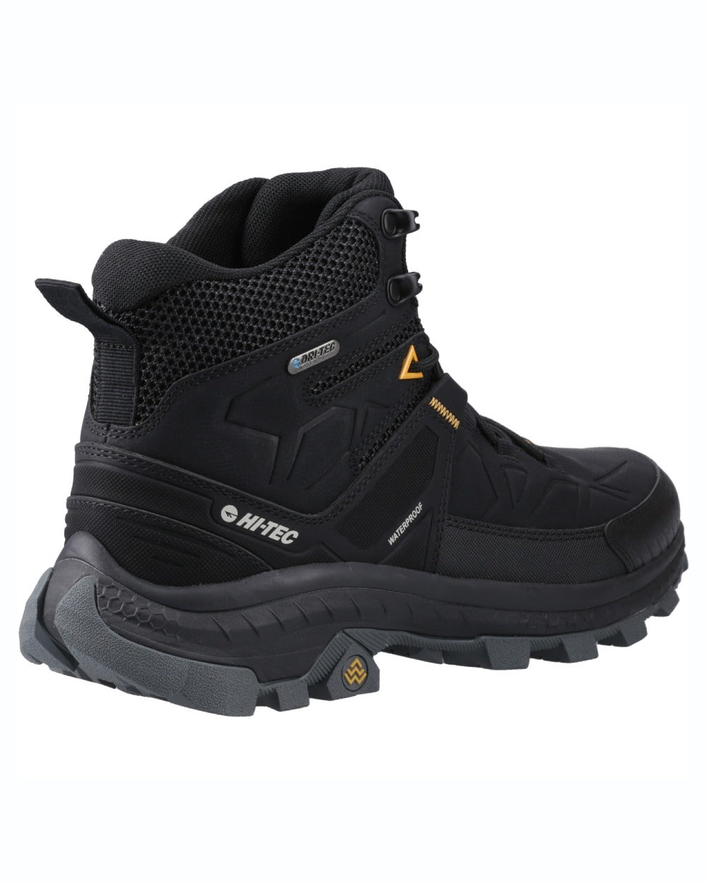 Black coloured Hi-Tec Mens Rainier Hiking Boots on white background 