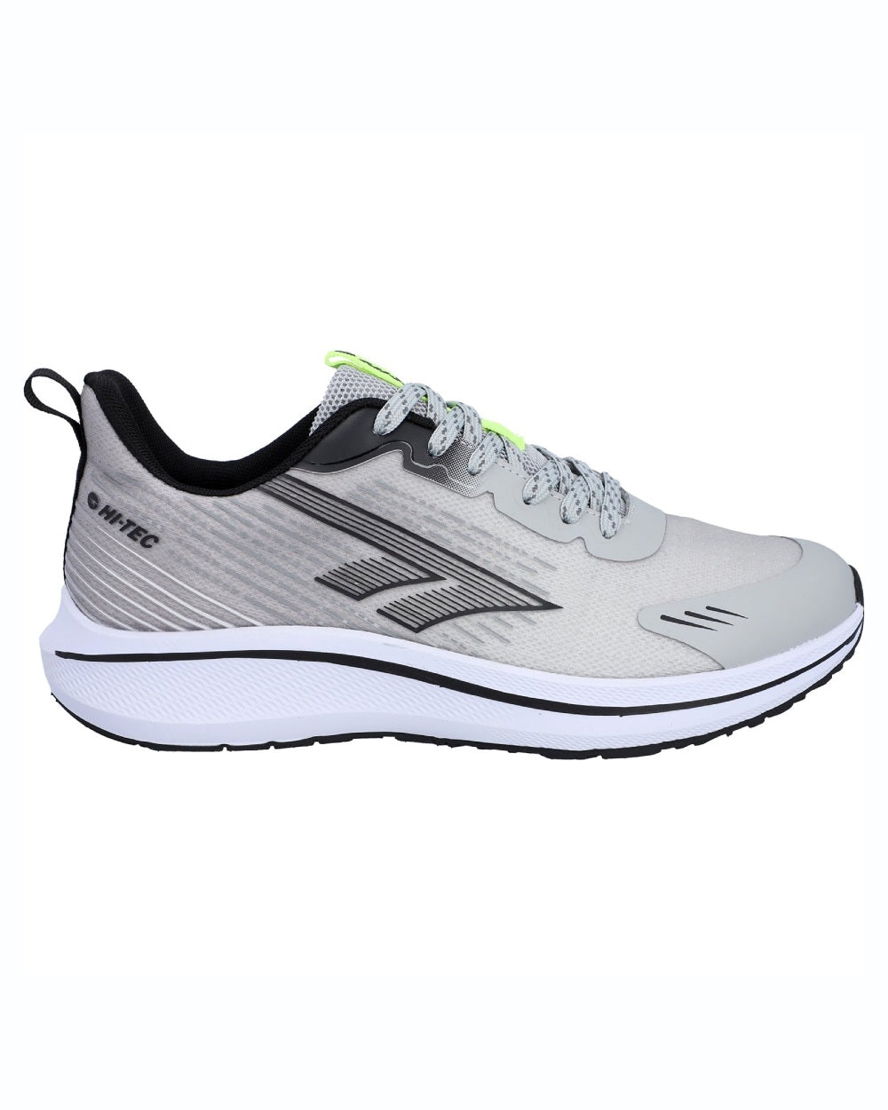 Cool Grey Black Acid Lime coloured Hi-Tec Mens Santorini Trainers on white background 