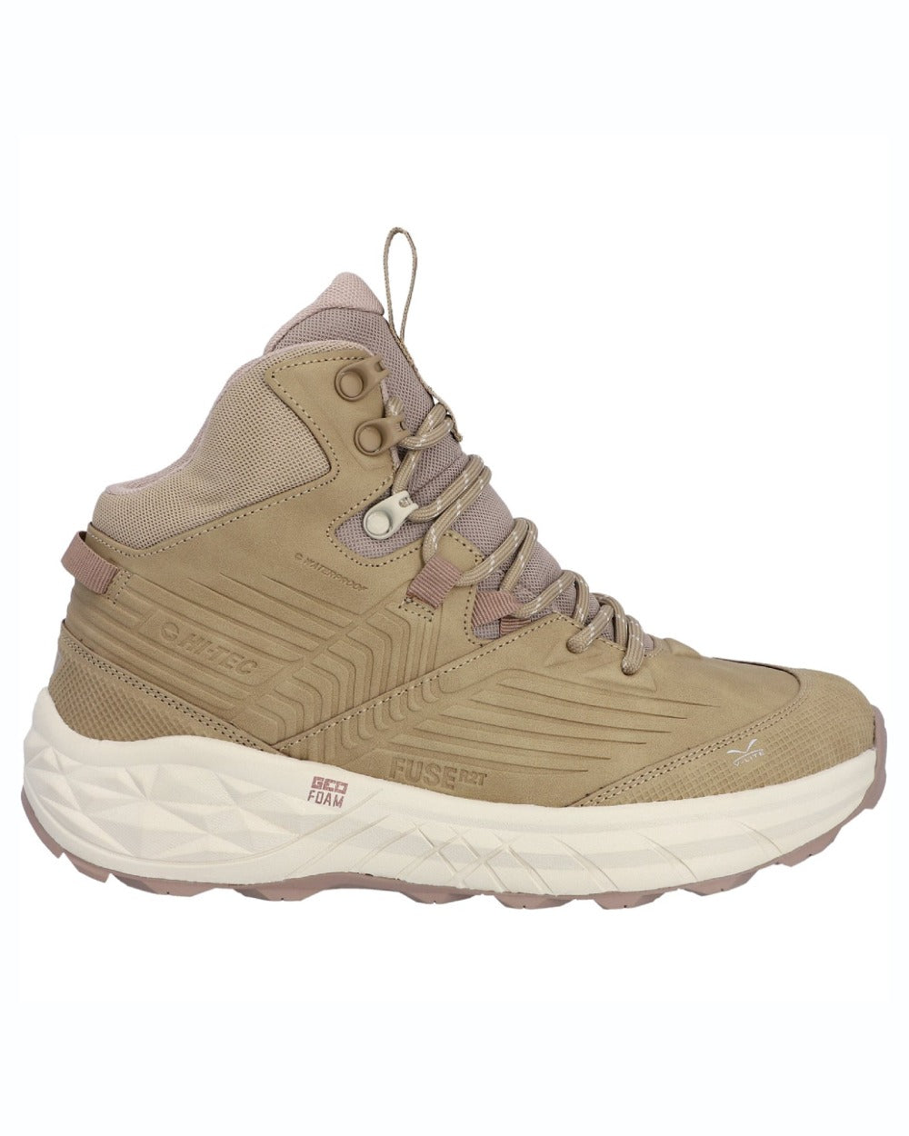 Taupe coloured Hi-Tec Womens Fuse Trek Mid Hiking Boots on white background 