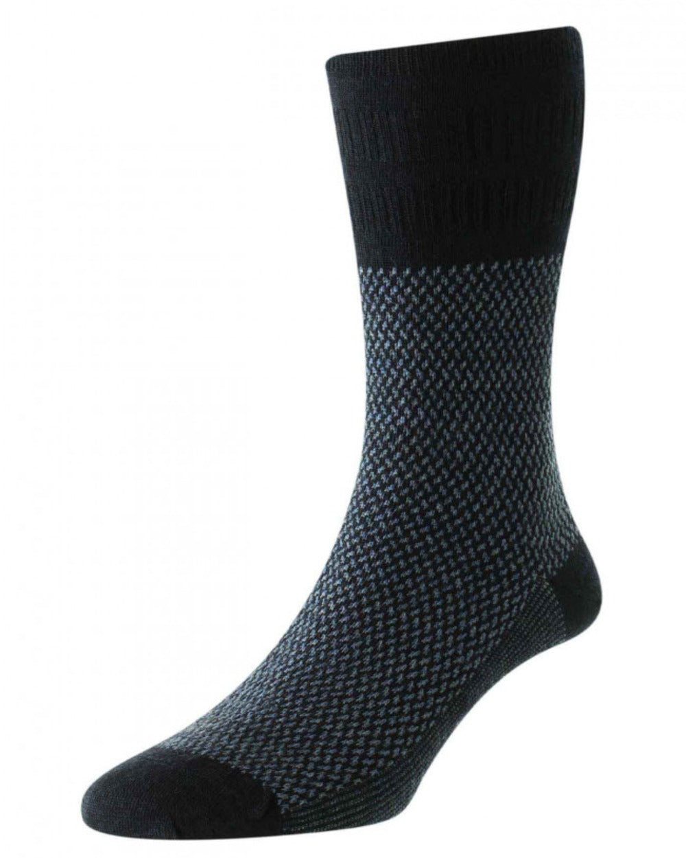 Navy coloured Hj Hall Jacquard Wool Softop Socks on white background 