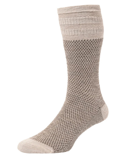 Oatmeal coloured Hj Hall Jacquard Wool Softop Socks on white background 