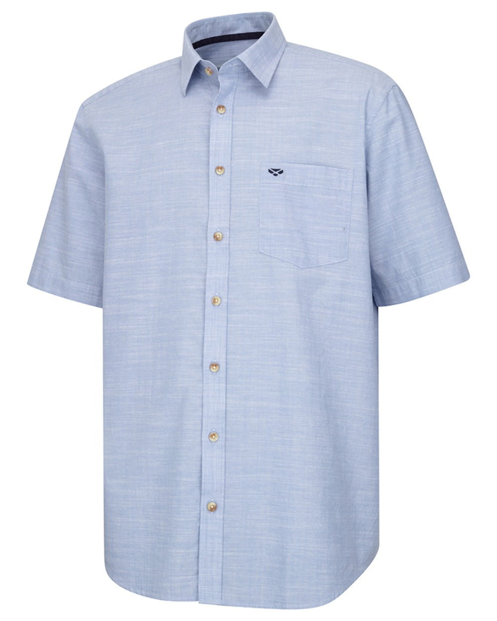 Plain Blue coloured Hoggs of Fife Aberdour Short Sleeve Shirt on white background 