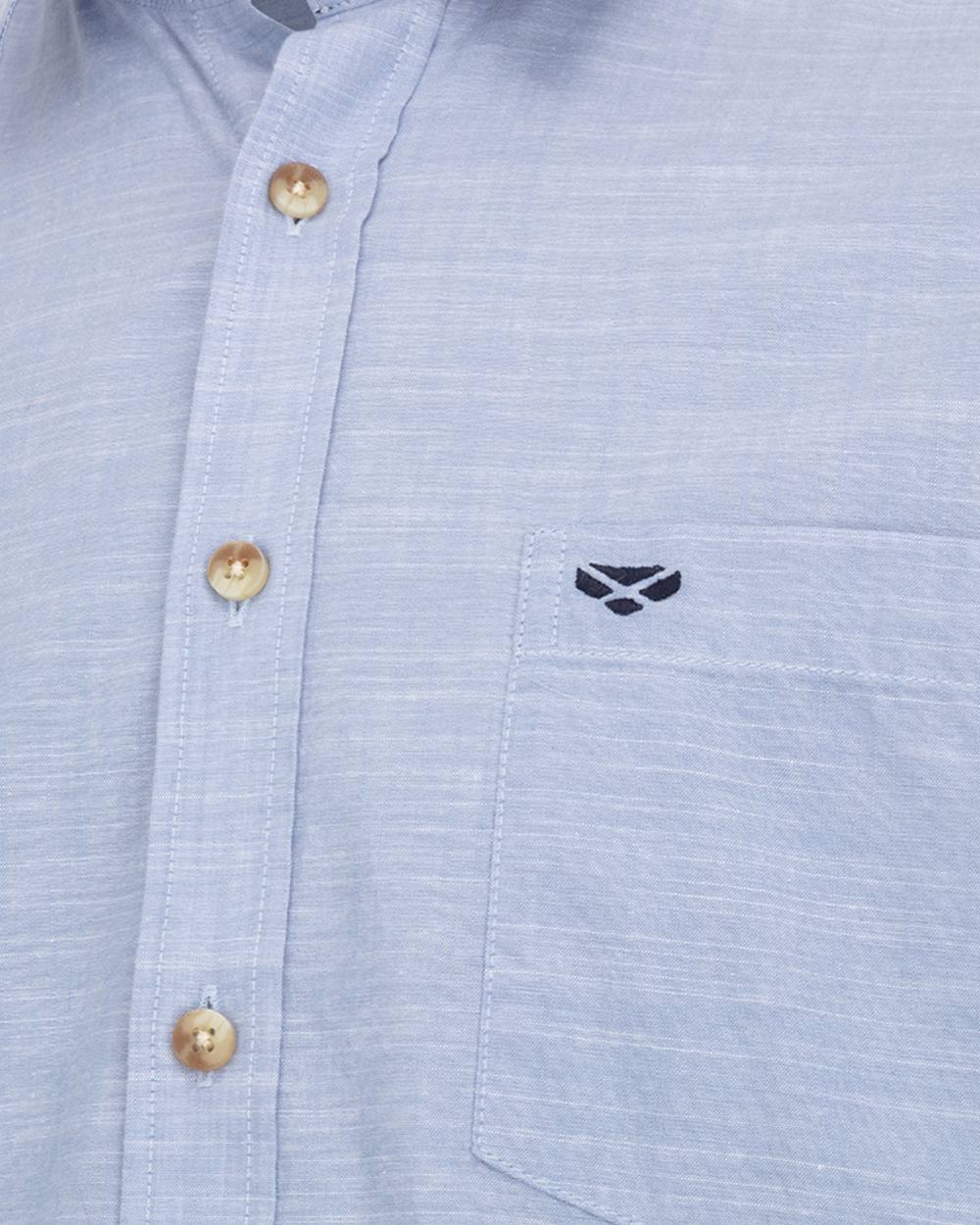 Plain Blue coloured Hoggs of Fife Aberdour Short Sleeve Shirt on white background 