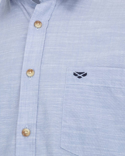 Plain Blue coloured Hoggs of Fife Aberdour Short Sleeve Shirt on white background 