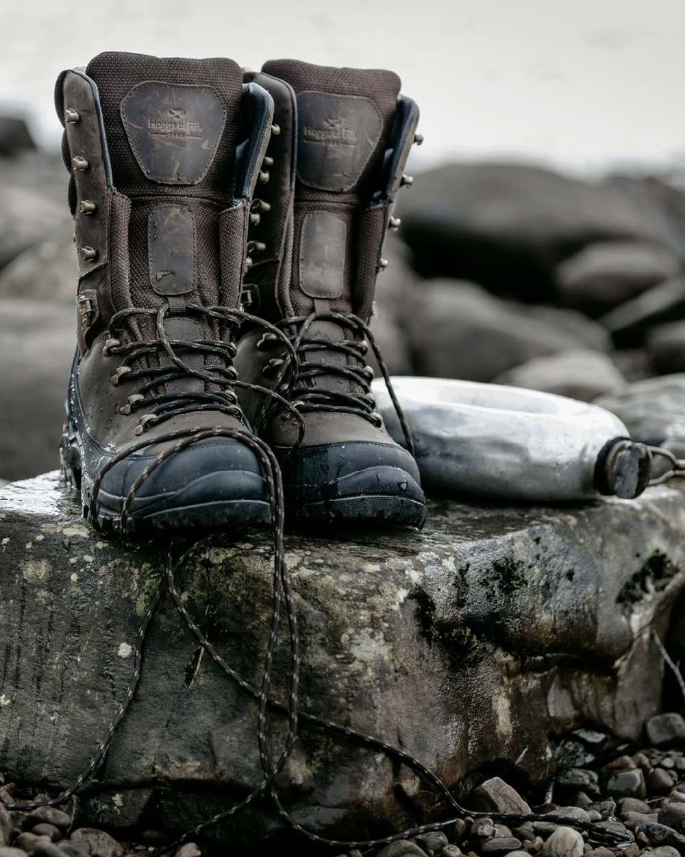 Brown Coloured Hoggs of Fife Aonach II 10 Inch Waterproof Field Boot on Stones background 