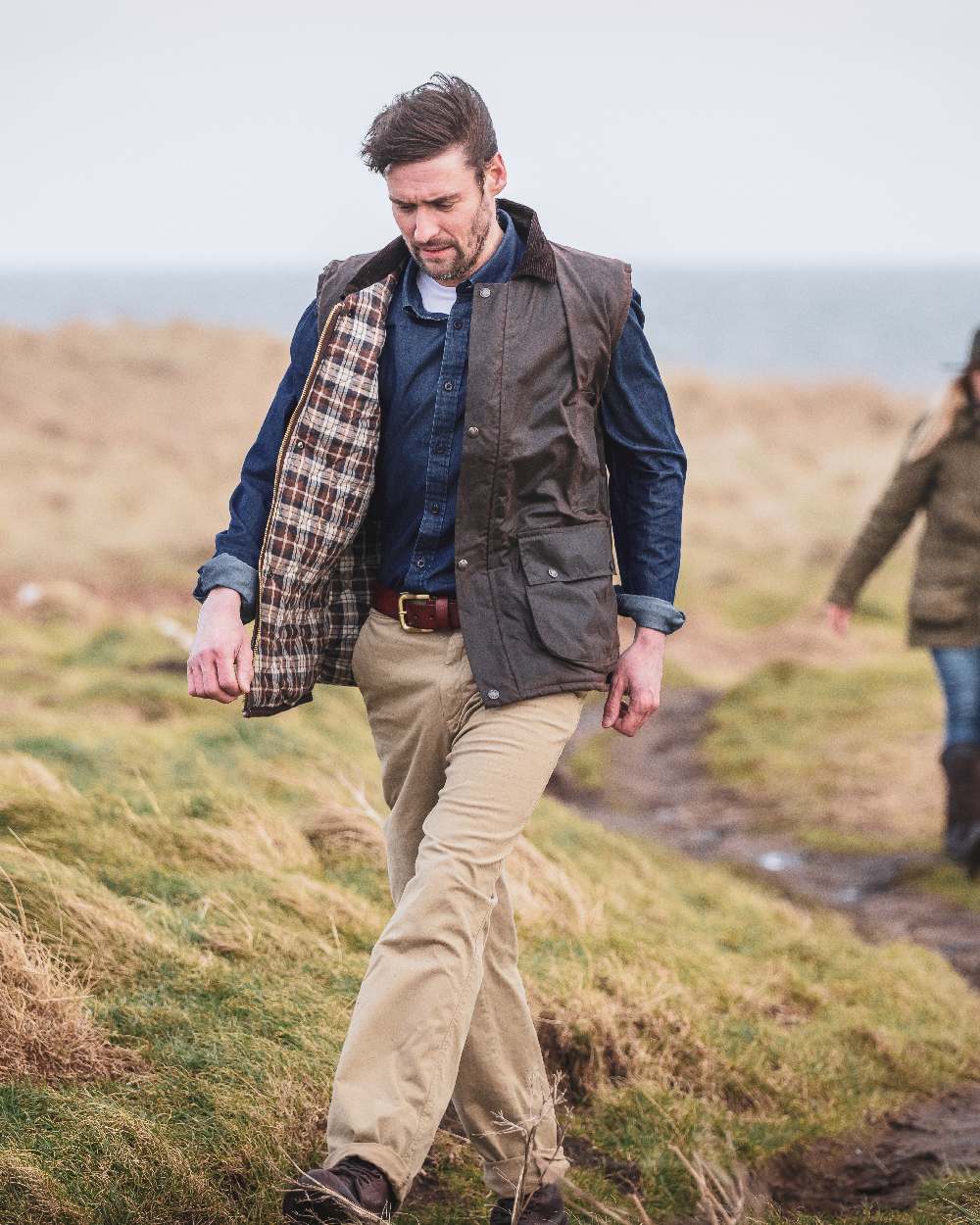 Dark Wash Coloured Hoggs of Fife Archerfield Denim Shirt on farm background 