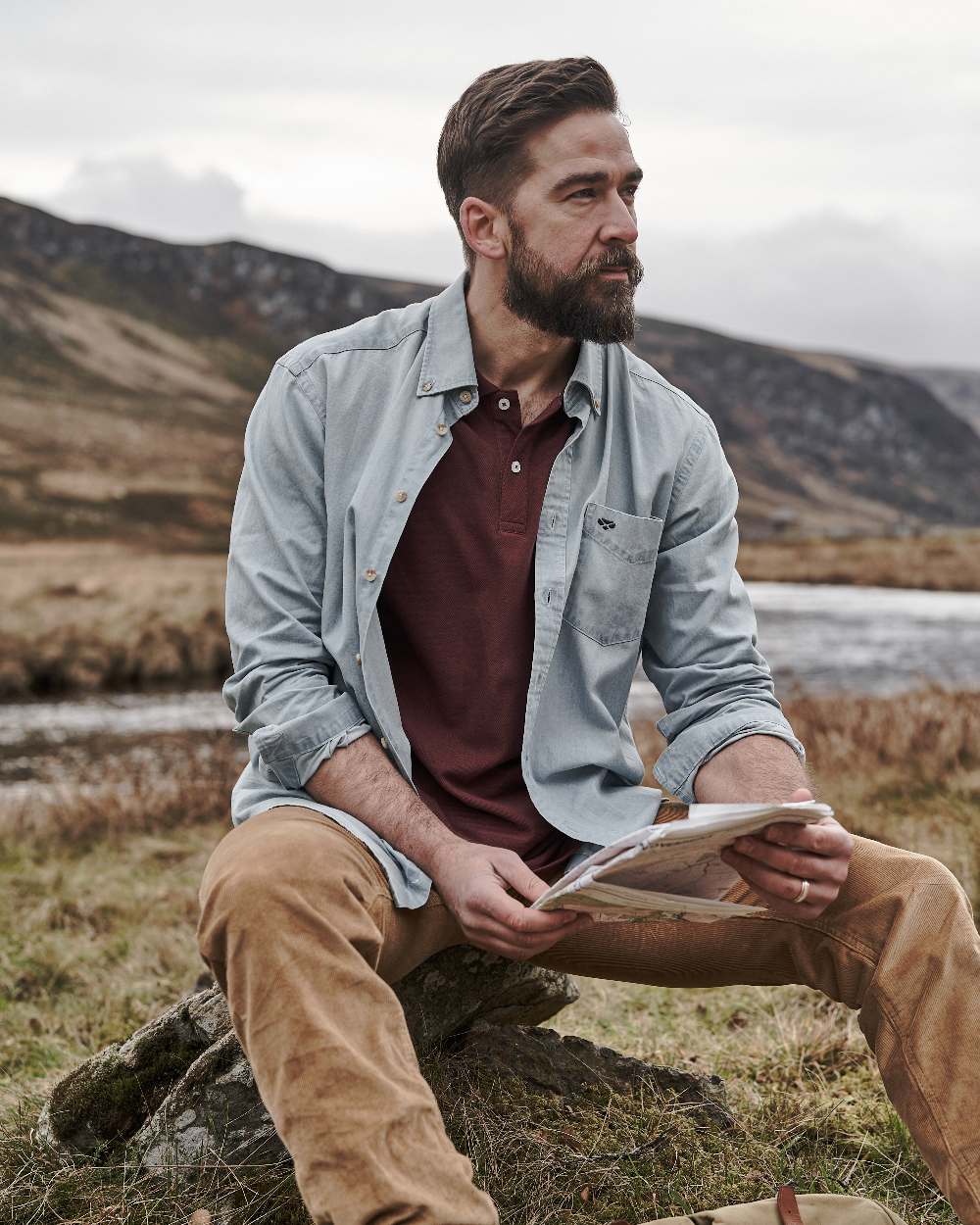 Light Blue Coloured Hoggs of Fife Archerfield Denim Shirt on mountain background 